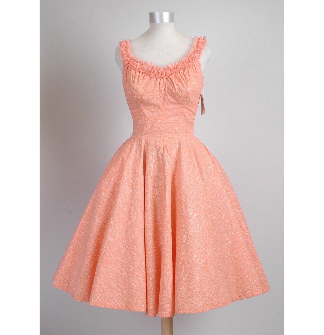 1950's New/Old Peach Cotton DeWeese Designs Summer Dress with Abstract Silk Screened Splatter Paint Print, 50's, 50s, 1950s,