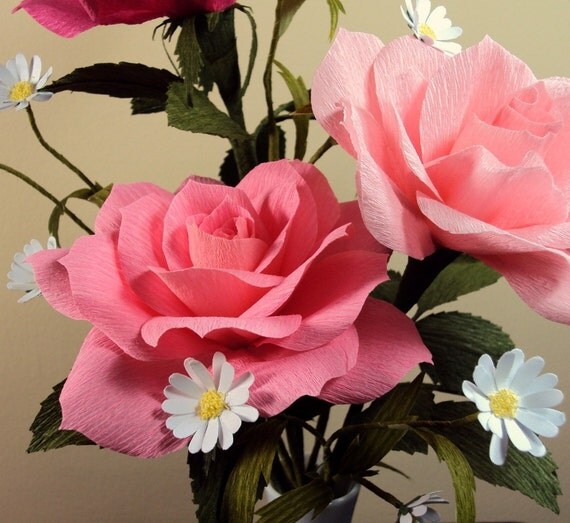 3 paper roses, short stem, in color of your choice - paper flowers for gift, wedding, or home decor