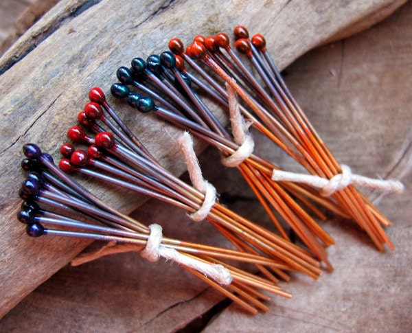 Enameled COLORFUL Copper 22g Headpins SETS. Rustic Findings Head Pins. Red, Green, Orange, Purple
