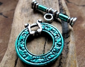 Antique Silver Toggle Clasp. Large Enameled Turquoise Findings for Necklaces, Bracelets