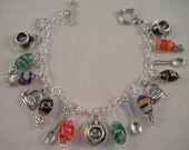 I love Tea Cups Pots Spoons Charm Bracelet with Colorful Millefiori Beads