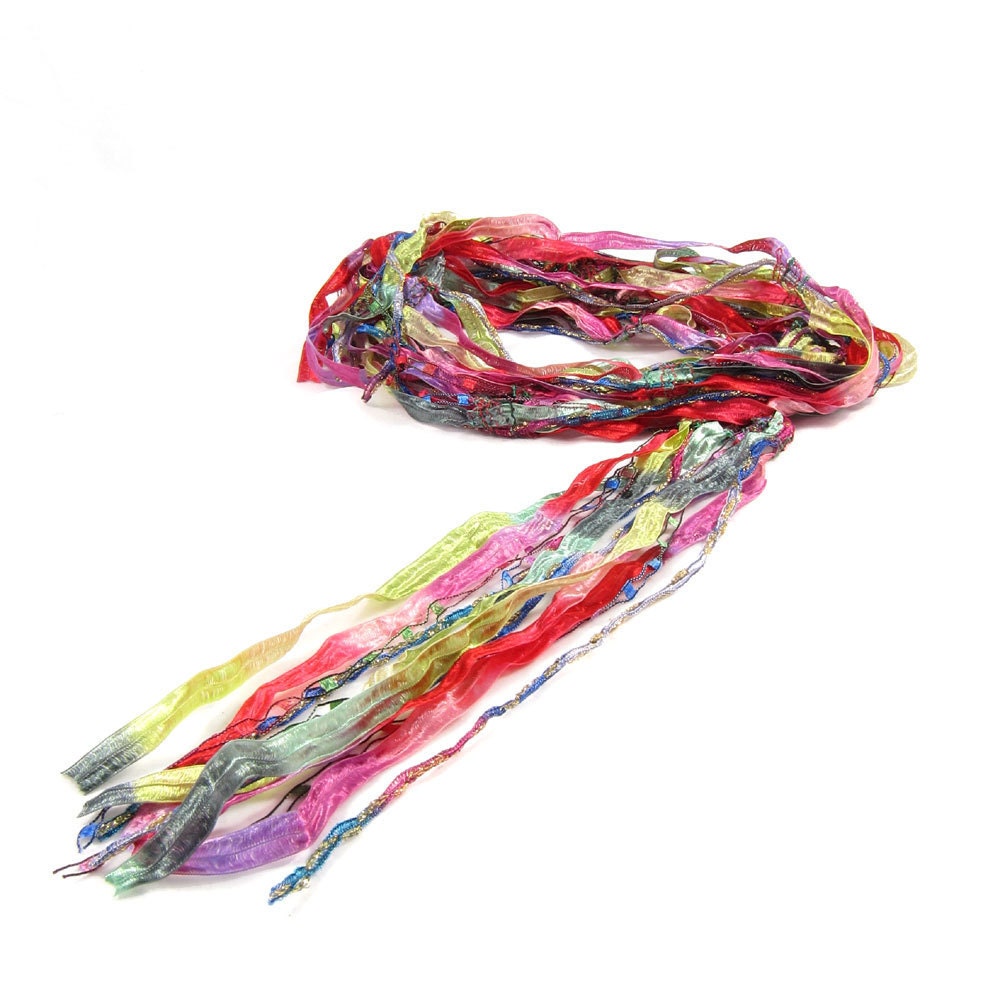 Ribbon Scarf Spring Scarf Womens Scarf Summer Scarf Spring Fashion in Rainbow Jewel Tones of Blue, Green, Red and Purple under 50 OOAK