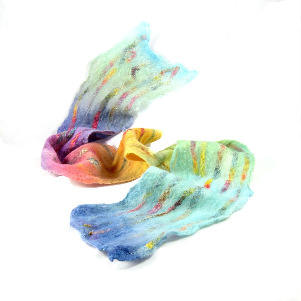Cobweb Felt Scarf Wool Scarf Winter Scarf Winter Fashion Pastel Scarf Womens Scarf Blue Aqua Yellow Gold Pink and Purple Under 50 OOAK