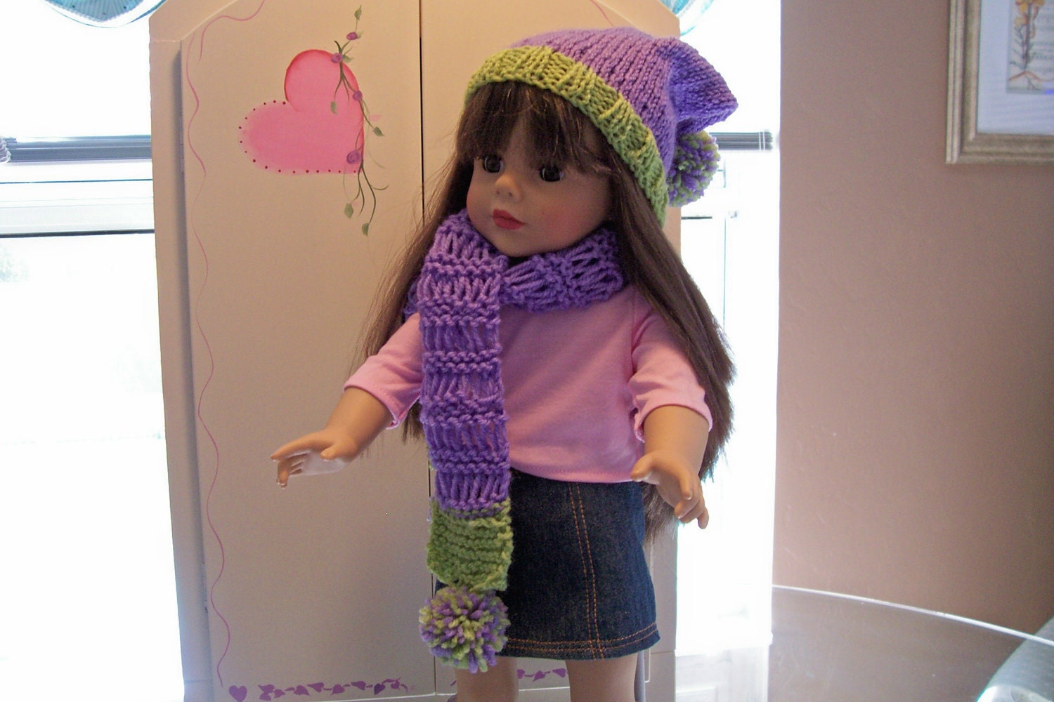 Slouch Hat and Scarf With Pom-Poms for 18 inch dolls
