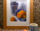 art print of fruit oil painting - Apricots and a Pint of Blueberries - reproduction of still life painting