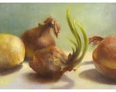 archival art print oil painting Yellow Onions on Grey Jade reproduction of still life painting // kitchen art gift for mom