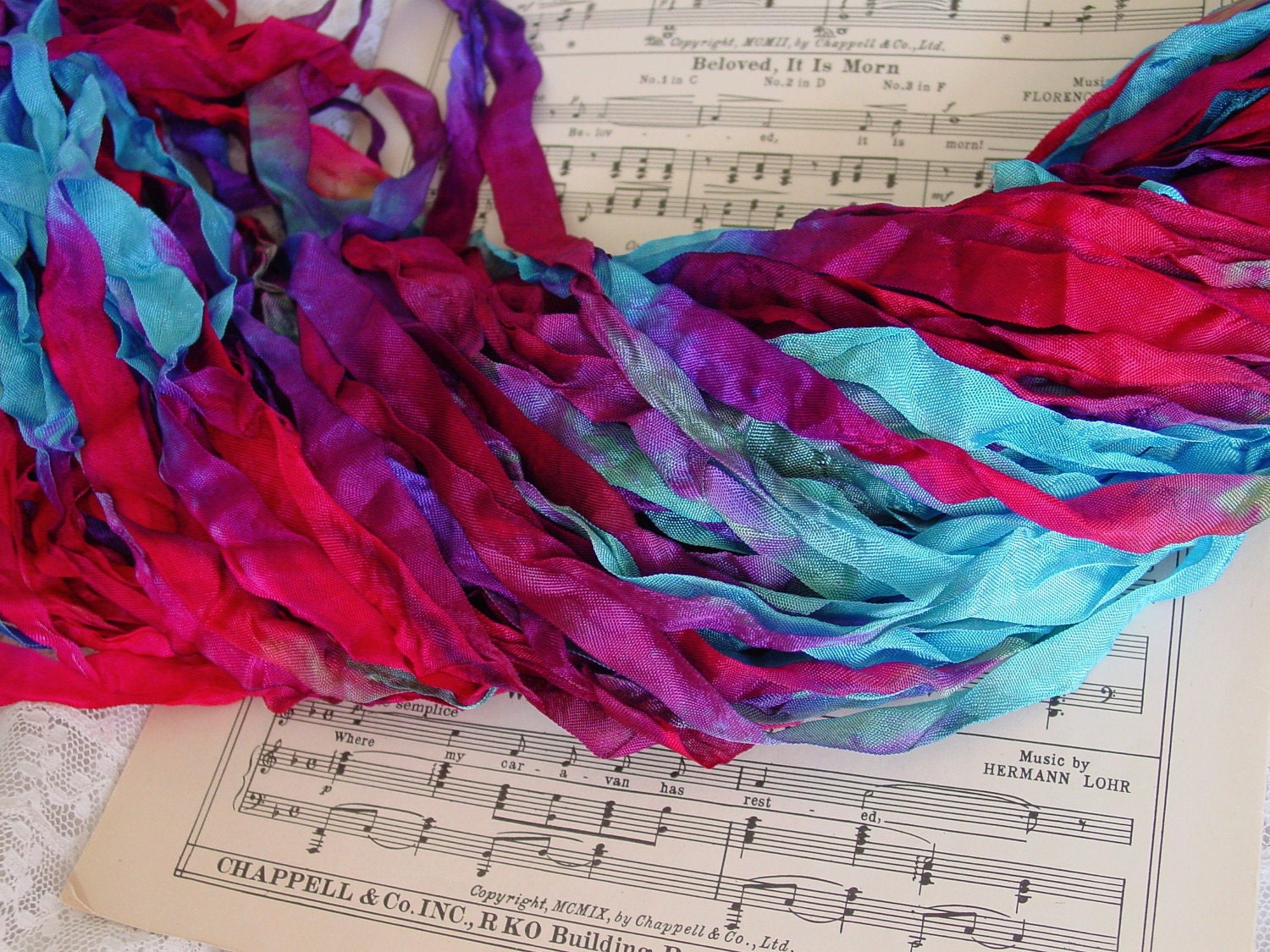 LAST ONE - Lovely Hand Dyed Over The Rainbow, half inch wide ribbon, 9 yards