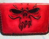 Red Custom Skull tooled on a Biker style wallet