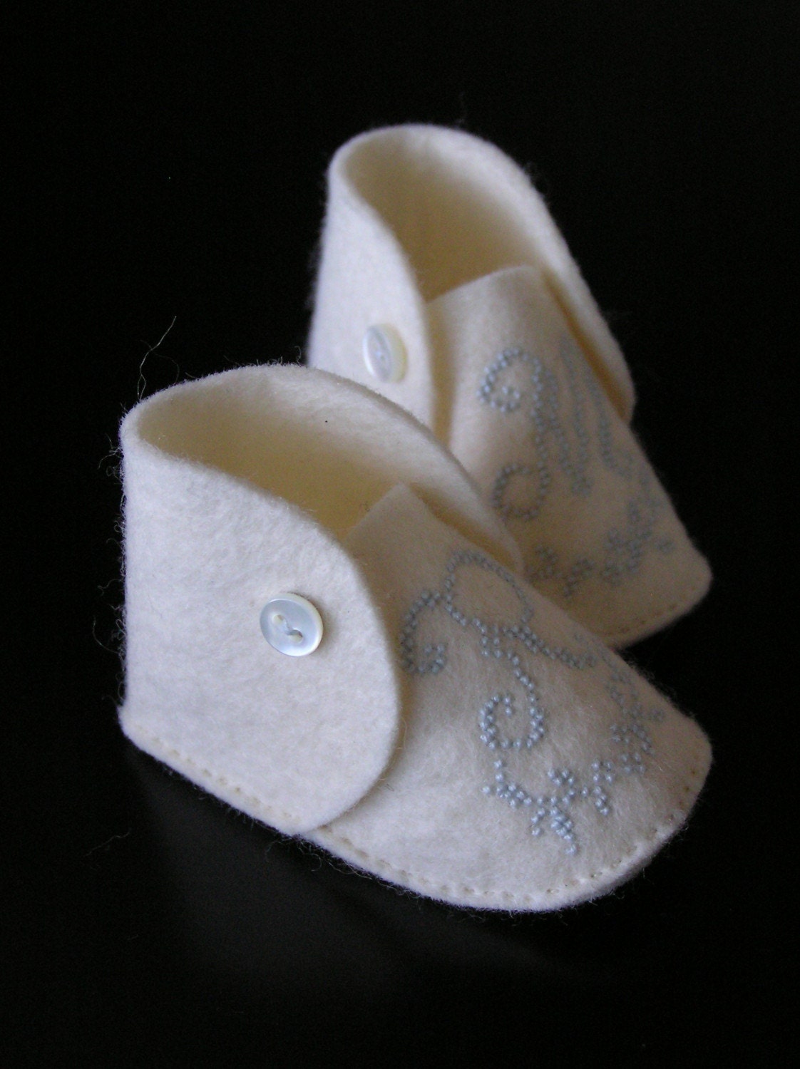 CUSTOM mini baby shoes - HAND EMBROIDERED - blue on ivory