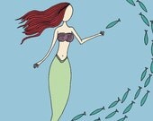 Underwater Mermaid Swims Under The Sea With Fish 5x7 Picture, Children Giclee Art Print, Digitally Colored