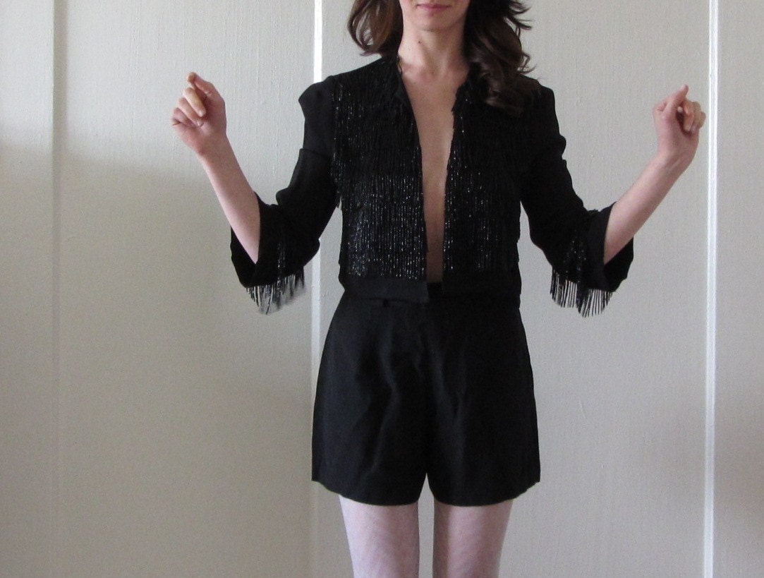 beaded flapper 1930 tap jacket . black tie magicians assitant performer wear .small.medium .sale