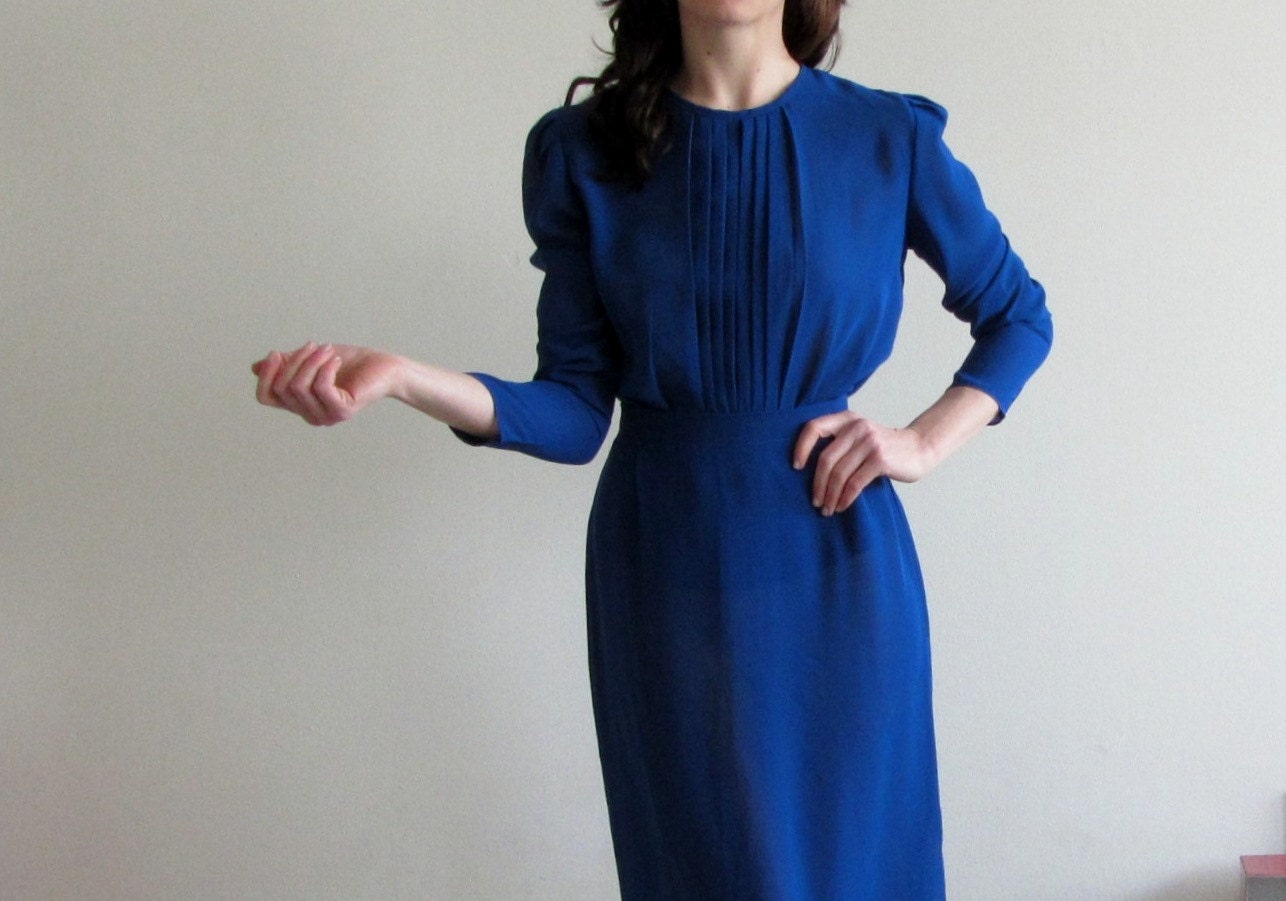 sheer blue pin tuck pleated blouse . bright electric bold .small.medium