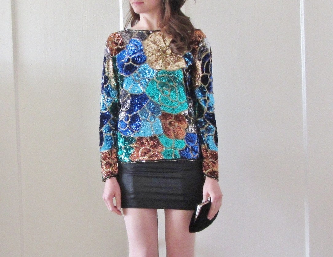 sequin floral blouse . metallic cocktail party top .small.medium