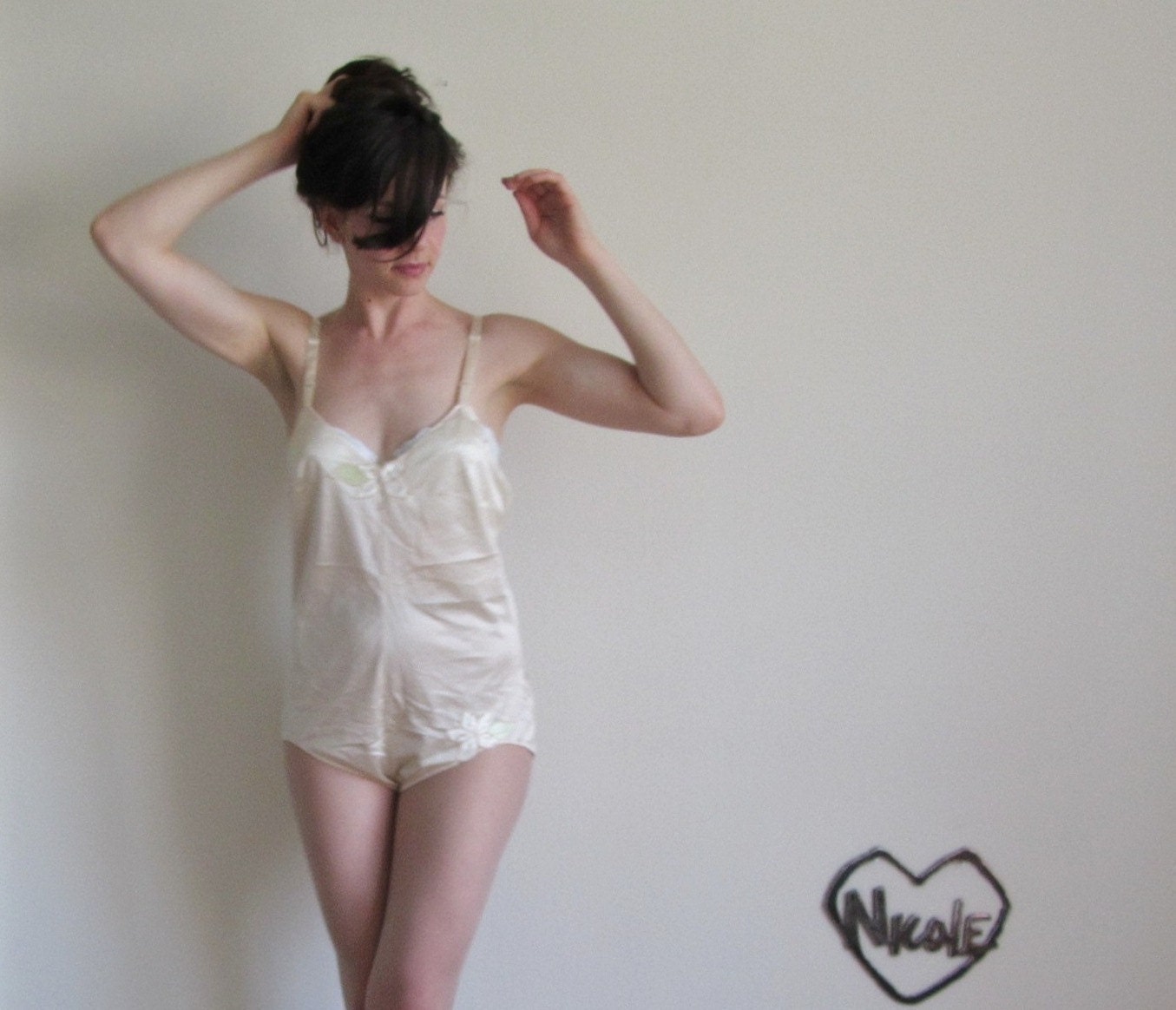 flower applique romper . 1970 cream teddy lingerie .medium