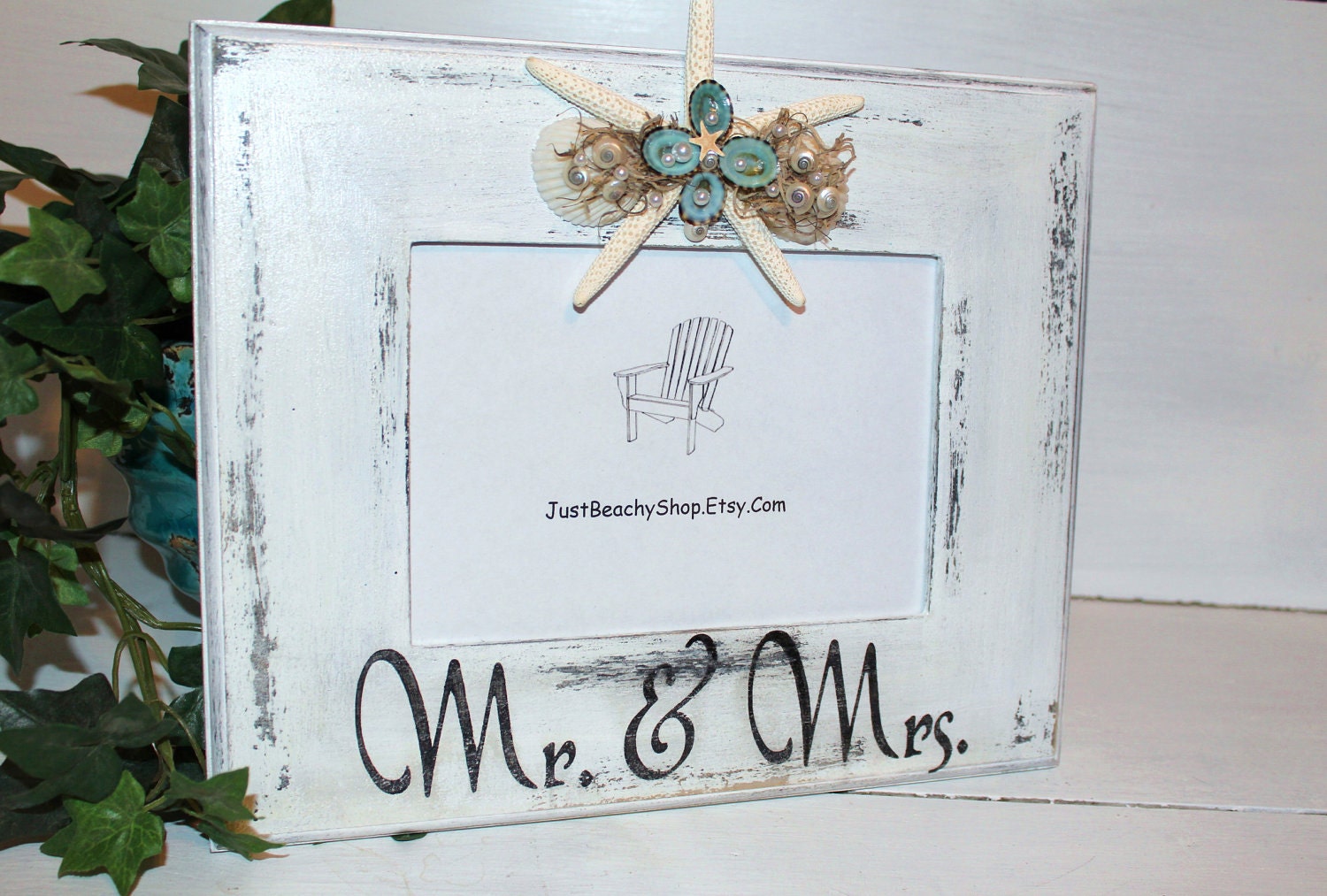 Beach Wedding Frame with Starfish Mr & Mrs Shabby Chic Coastal Decor
