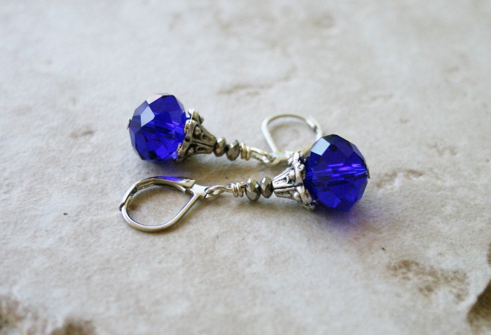 Cobalt crystal earrings, blue jewelry, beaded handmade earrings, multi crystal