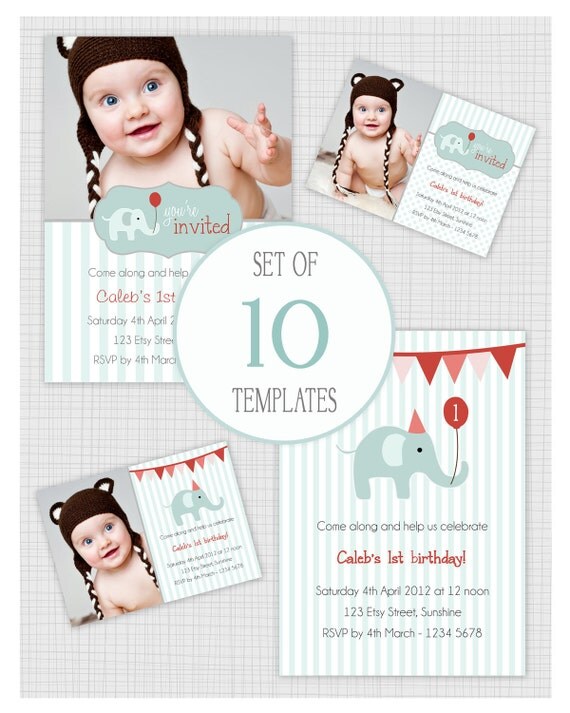 INSTANT DOWNLOAD: 10 PSD boys invitation templates. Mini Pack 1. Party Elephants. Il_570xn