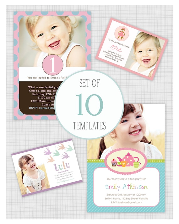 INSTANT DOWNLOAD: 10 PSD girls birthday party invitation templates. Mini Pack 7. Il_570xn