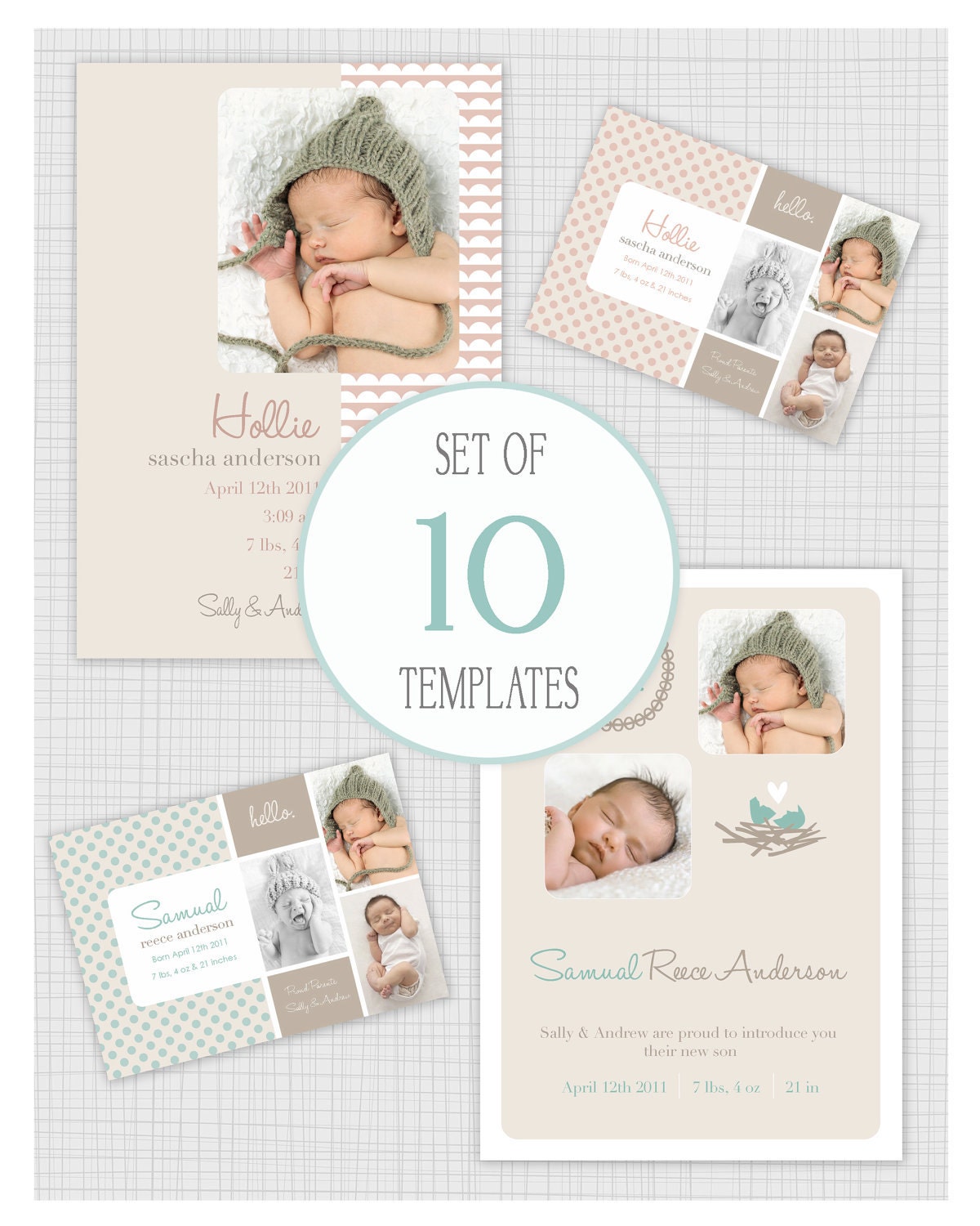 INSTANT DOWNLOAD: 10 PSD Birth Announcement Templates. Hello Birdie. Mini Pack 9. Il_570xn