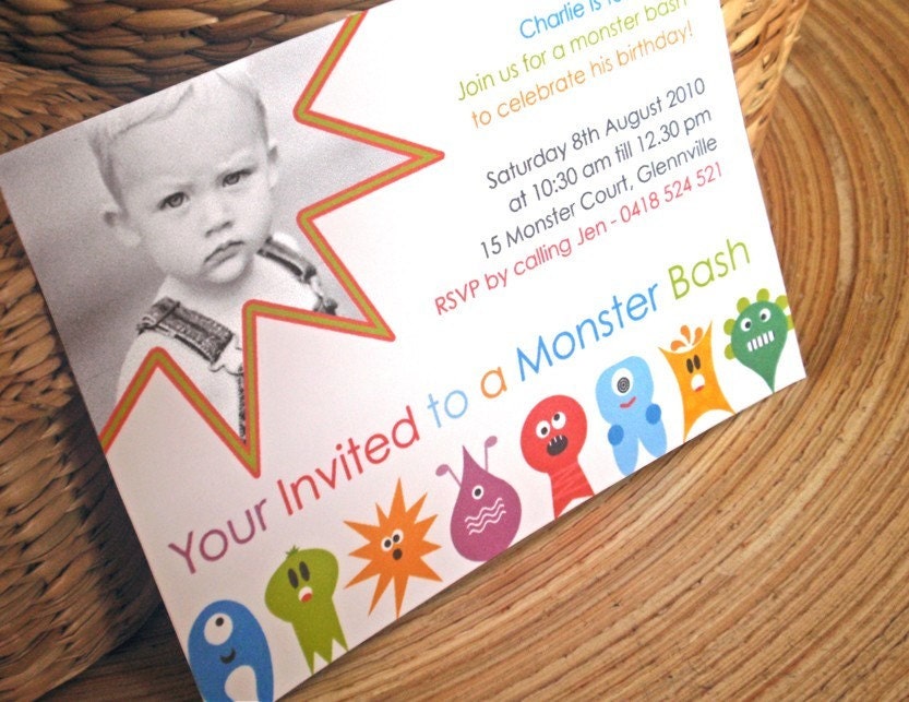 Customized Boys Birthday Party Invitations. Monster Bash Design.