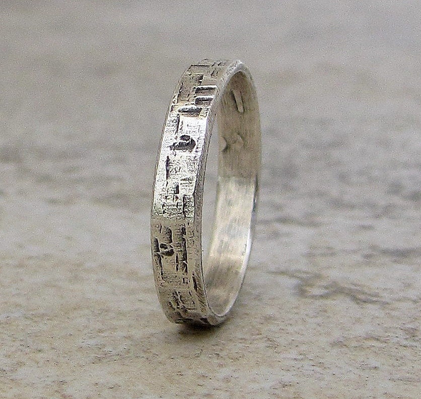 Silver Wedding Band Hammered Bark Wedding Ring Distressed Rustic Band
