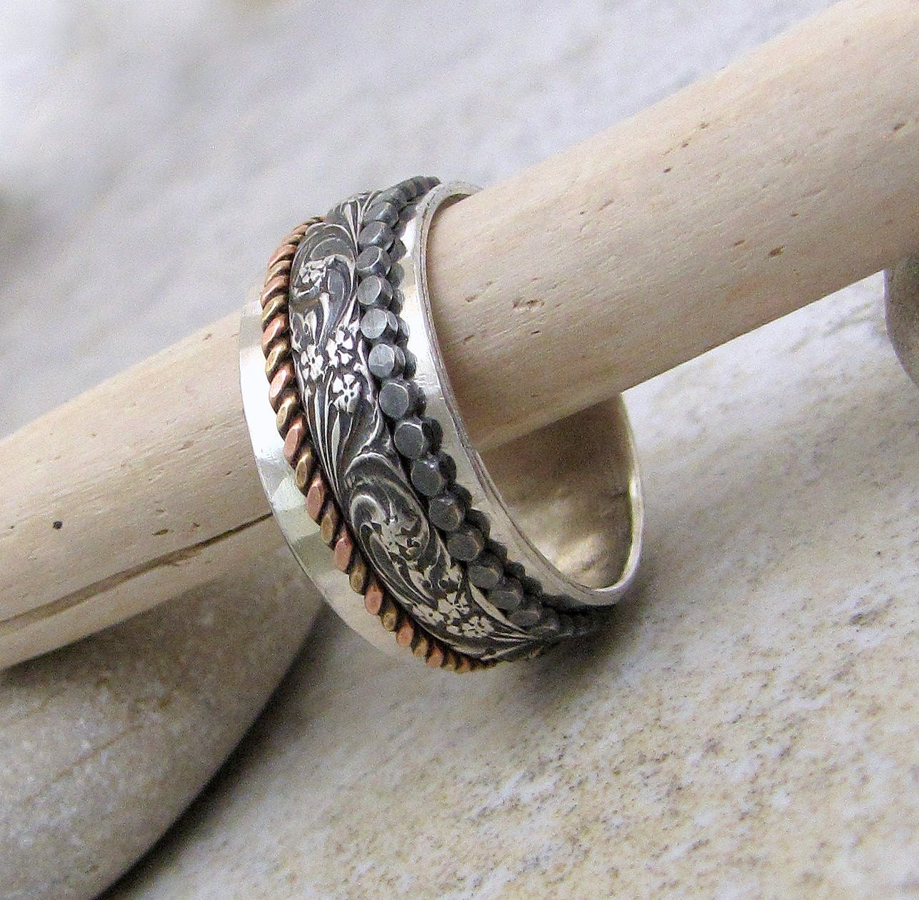Silver Spinner Ring Floral Spinner Ring Dot, Brass/Copper Twist Spinner Ring Fidget Ring
