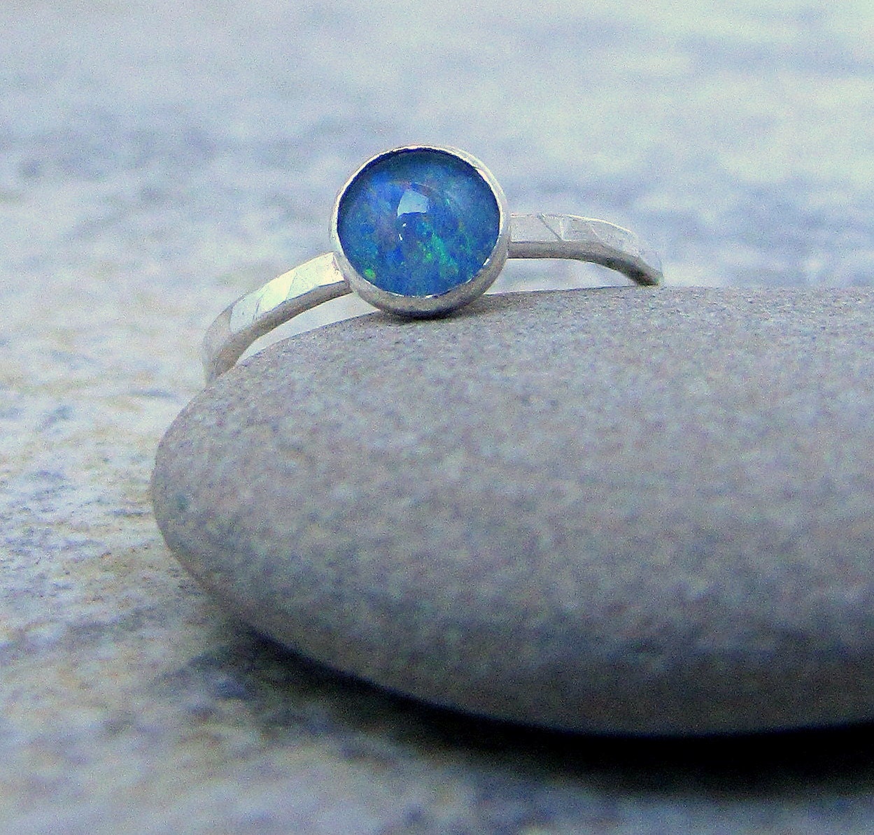 Opal Stacking Rings Blue Chalcedony Ring Set Birthstone Rings Mothers Rings Gemstone Stacking Rings-Sky Dreams