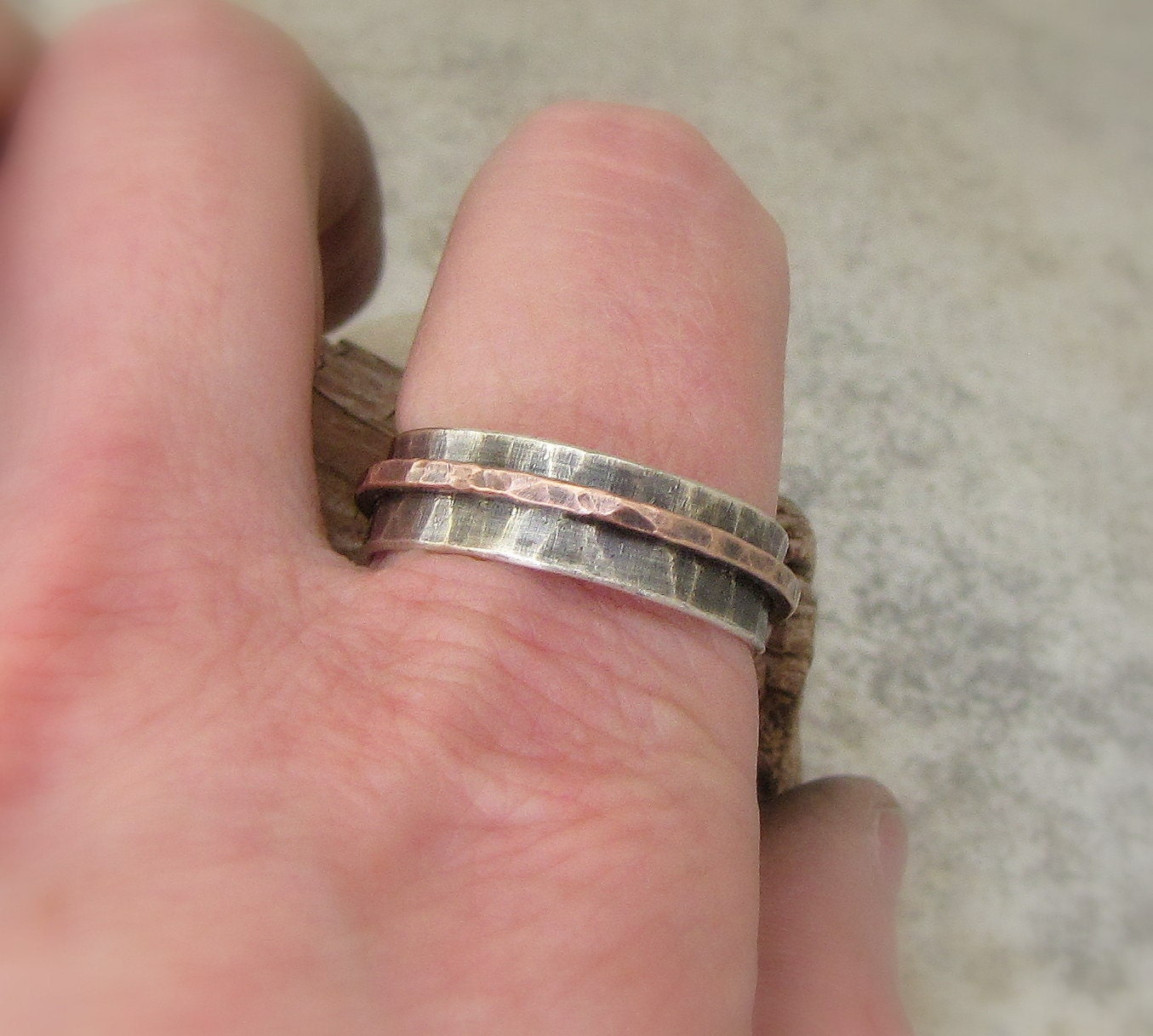 Mens Wedding Ring Hammered Silver Band Oxidized Copper Spinner Rustic Band