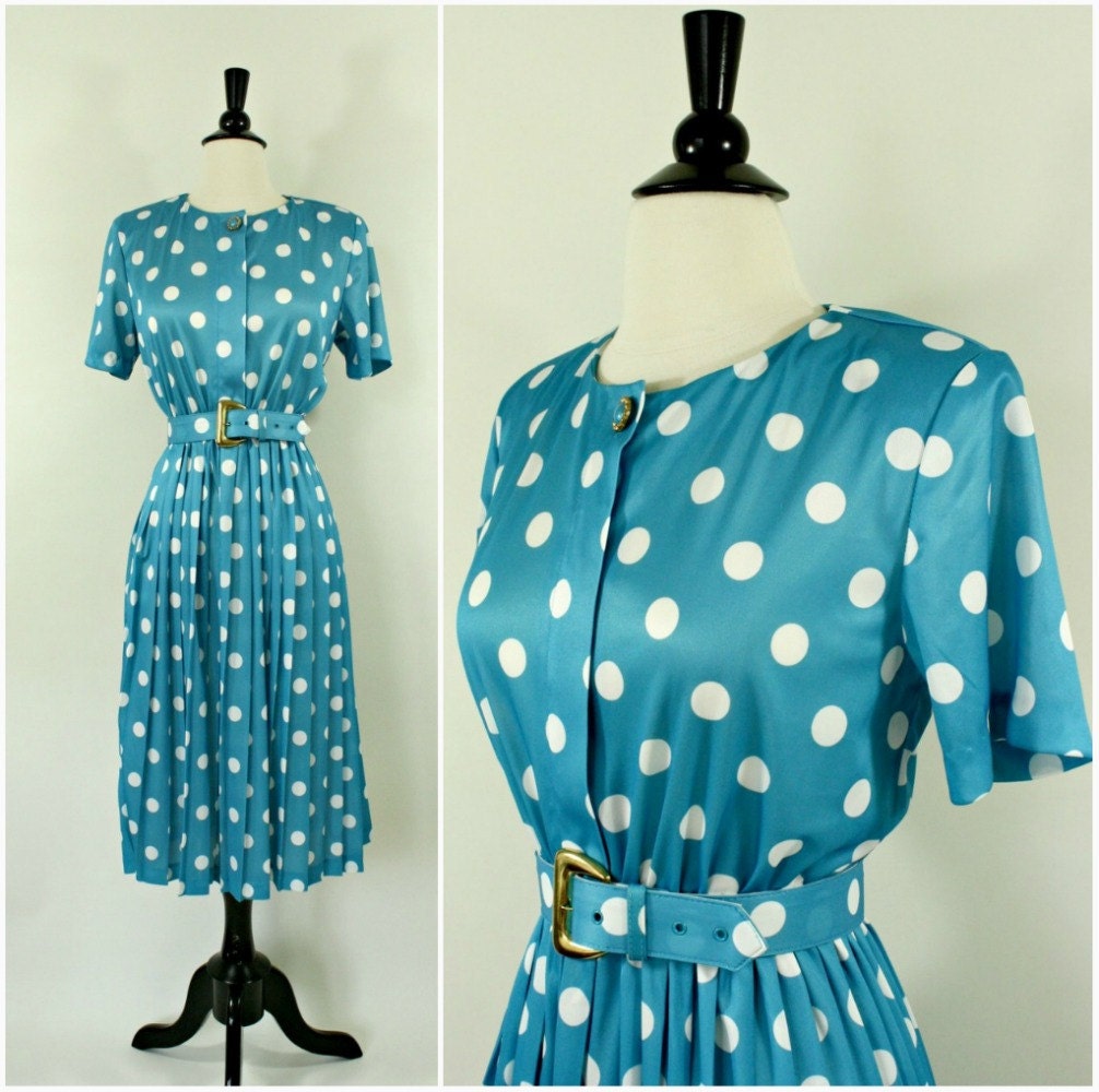 vintage 80s Turquoise Polka Dot Secretary Dress S/M