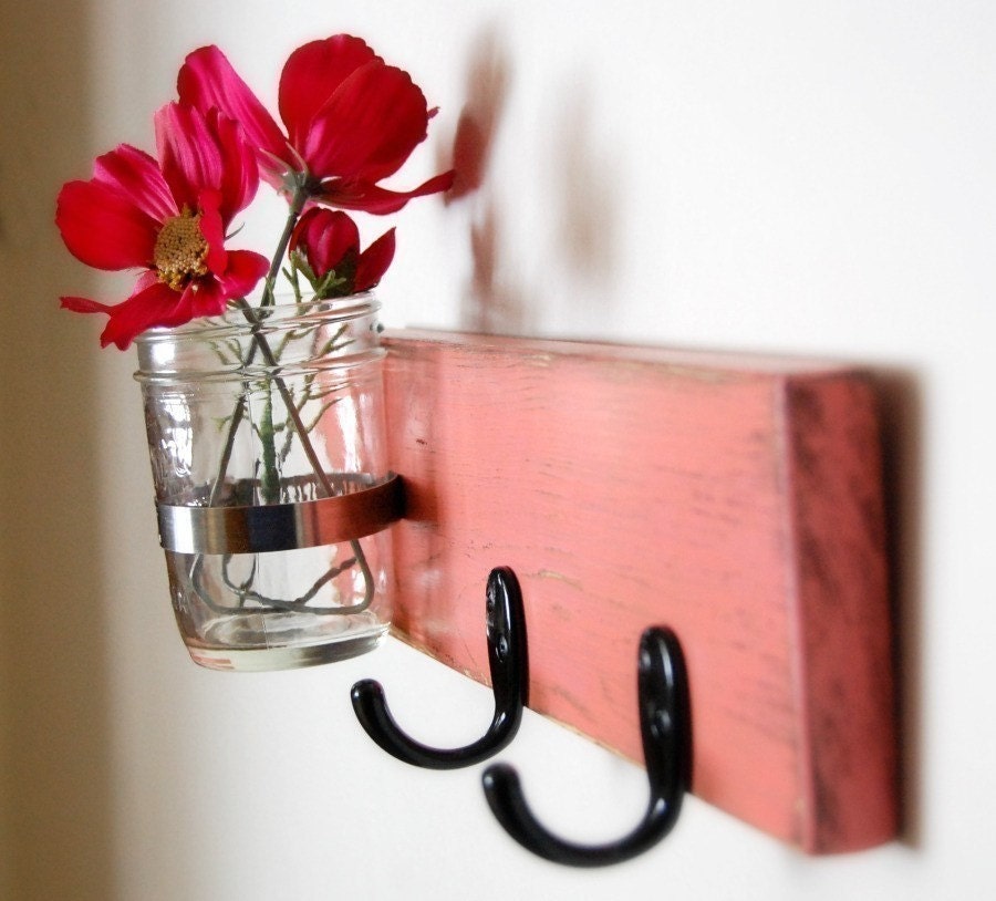 wall organizer french COTTAGE decor key hooks vase Coral