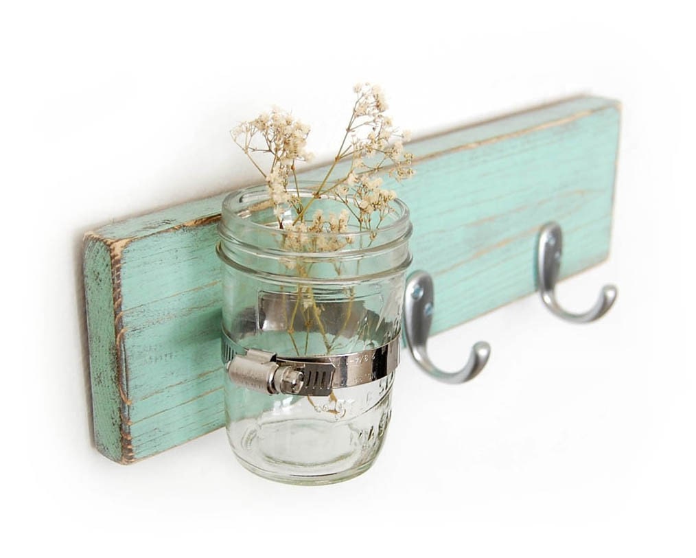 Seafoam key hook wood wall vase home organization Sweet Mint vase - OldNewAgain