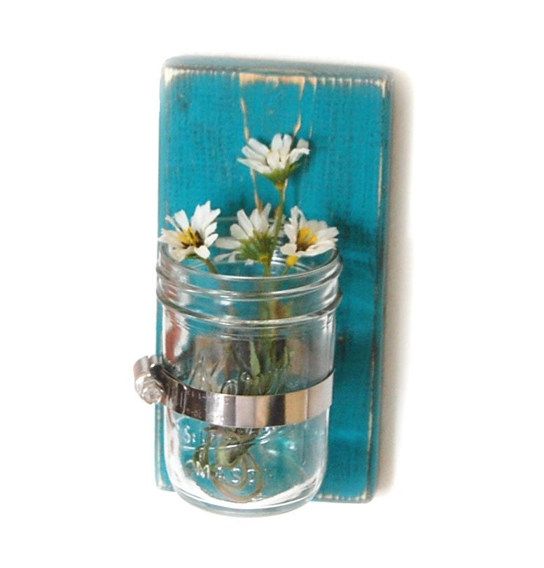 upcycled wall vase - Cottage Style - Dark Turquoise - Wood - single vase