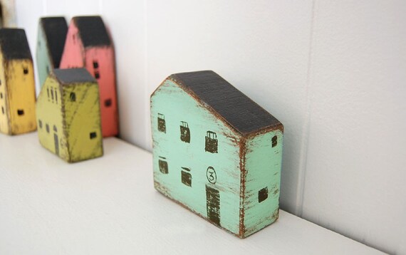 Wood house handpainted secret money place Light Turquoise No. 3