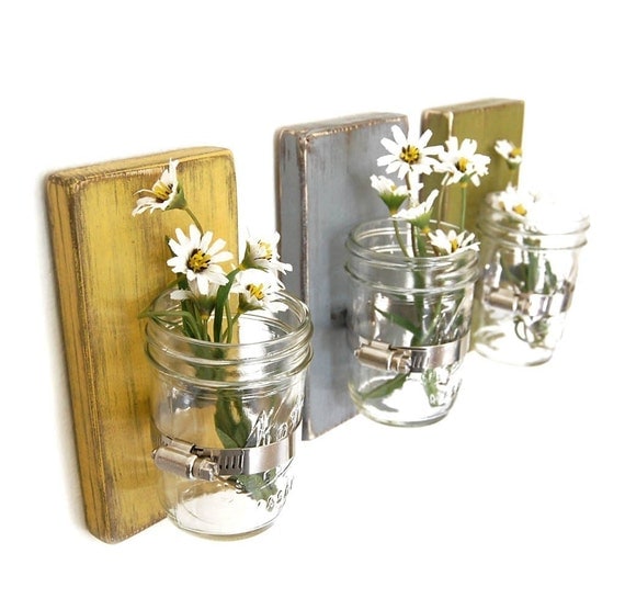 Shabby chic vases sconce mason jar wood vase wall decor cottage decor - set of THREE