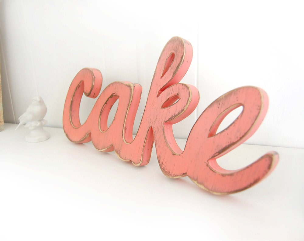 cake wedding signs wooden word decoration shabby chic Coral Melon