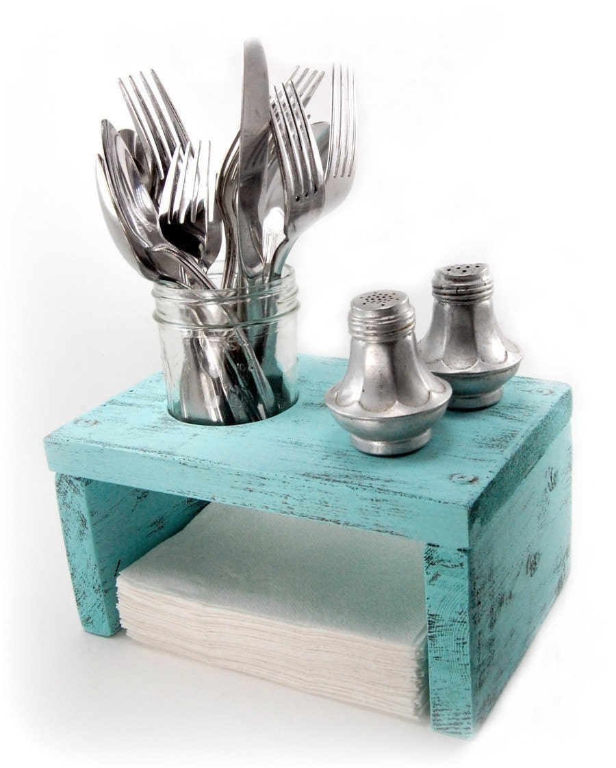 Napkin Holder wood primitive table organizer Light Turquoise IN STOCK