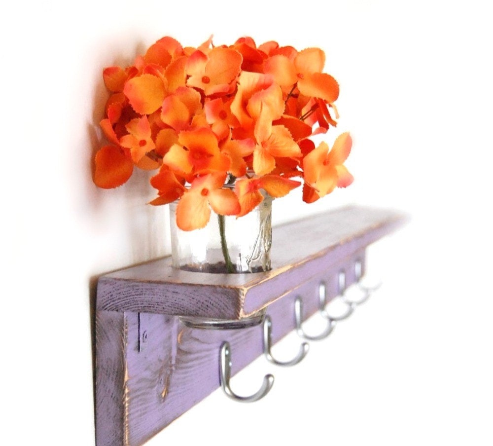 PURPLE wood shelf Cottage Shabby wall SILVER HOOKS 36 inch
