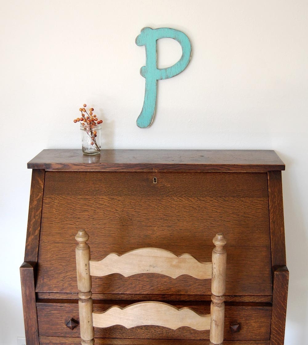 SALE -- Wall letter P wood letter AQUA teal turquoise wood sign