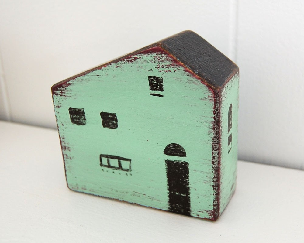 Wood house handpainted secret money place Light Turquoise No. 3