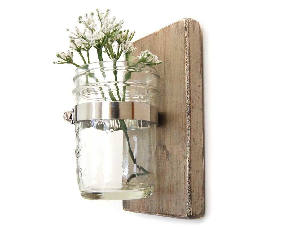 Wall sconce wood vase mason jar Metallic Taupe - single vase