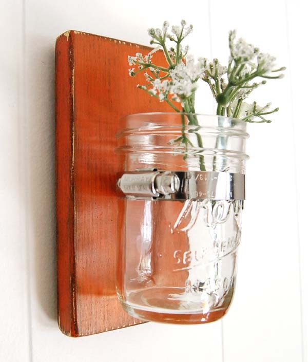 primitive wall decor mason jar vase wood single vase - Poppy Orange