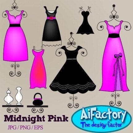 Midnight Pink Fashion Dresses and stylish wardrobe in pink and black graphics cliparts set