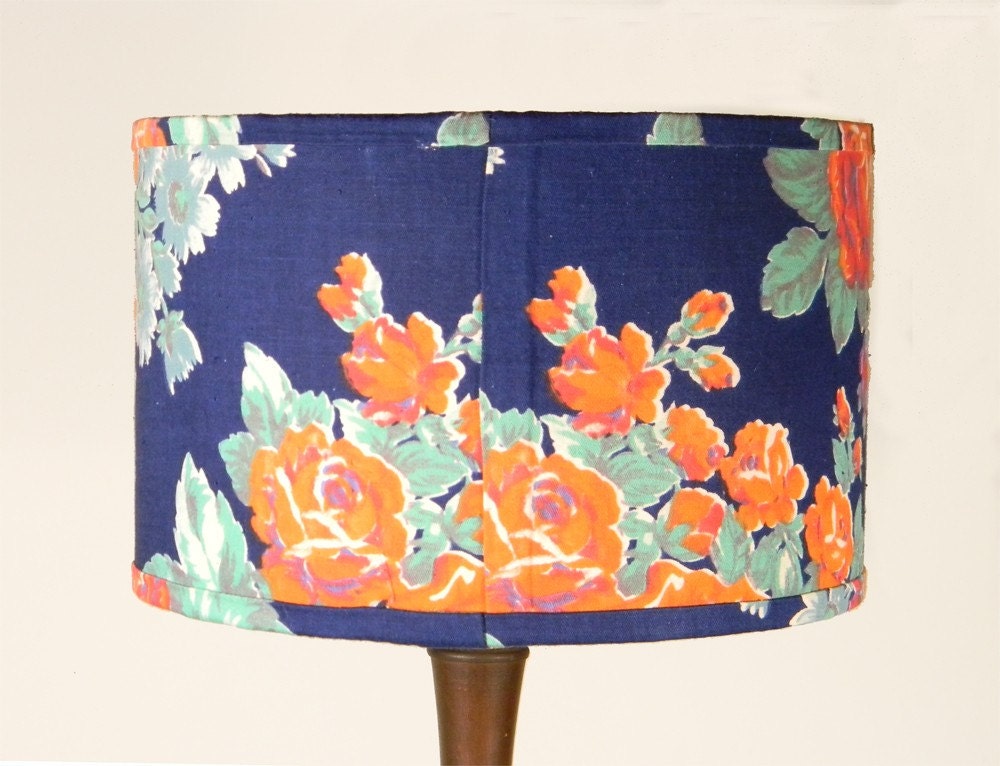 Russian Floral Lampshade - Orange Roses on Blue - 11 x 9