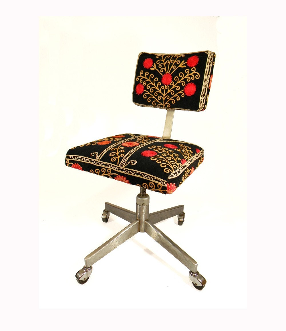 Suzani Office Chair - Blooming Pomegranate Tree - 1950's Black Velvet