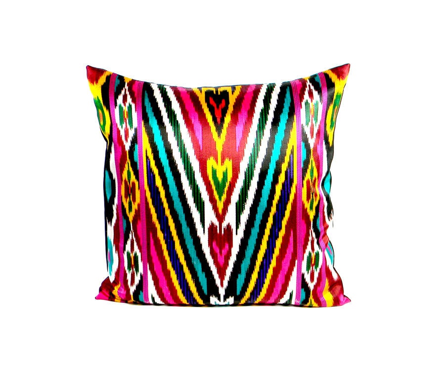 Vinatge Ikat Pillow - 1980's Vivid Center Stripes - 18 x 18