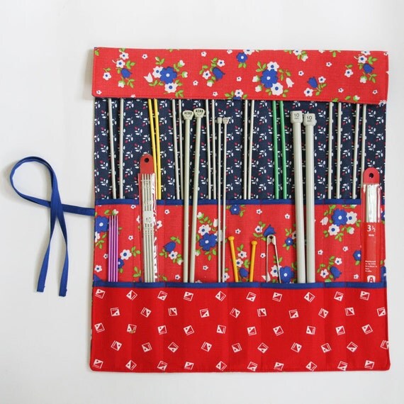 Knitting Needle Roll, Knitting Needle Organizer, Knitting Needle Case, Retro Red by Knotted Nest on Etsy