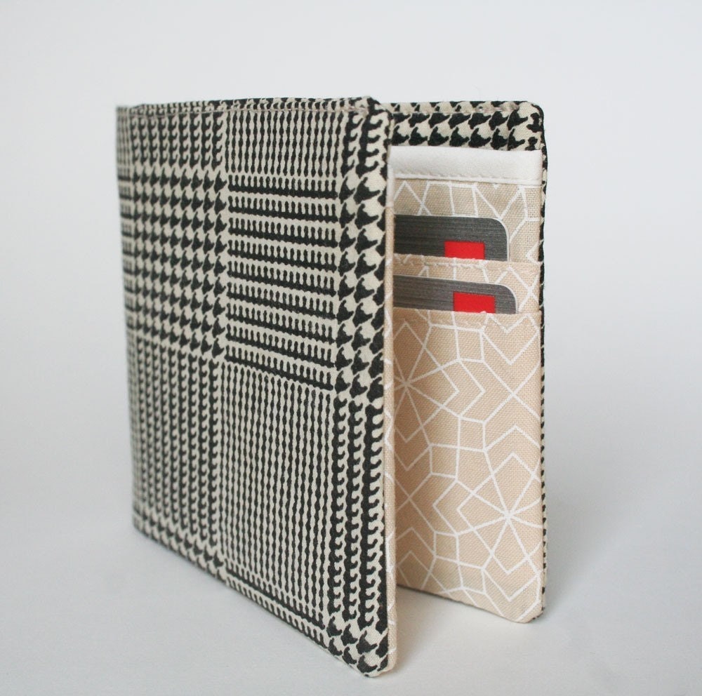 Mens wallet, Wallet, Billfold, Vintage Upcycled Fabrics, Black and Cream, Handmade by Knotted Nest on Etsy