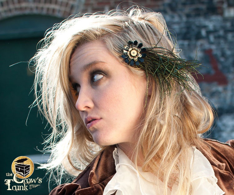 Steampunk Flower Hairclip with Peacock Feather accent