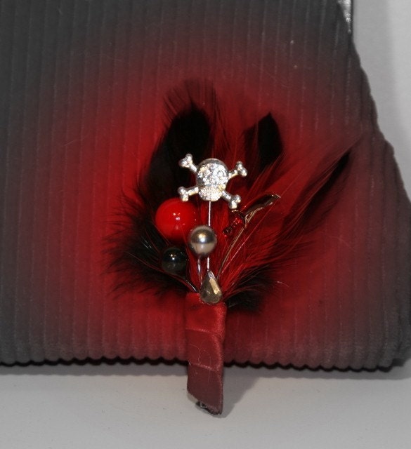 Pirate Wedding Boutonniere - Red and Black with Skull and Sword