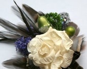 Natural Flower Corsage, Ivory Rose with Peridot Green and Purple Accents